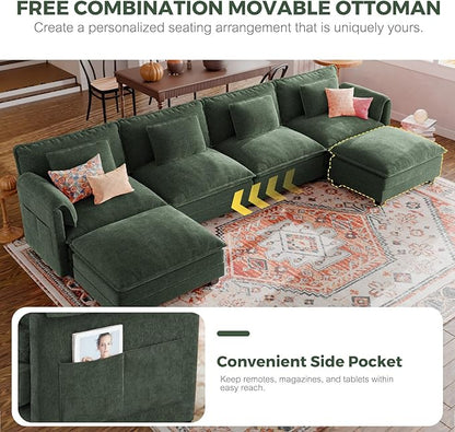 ELUCHANG 113" Modular Sectional Sofa, Comfy Cloud Couch, L Shaped Deep Seat Sofa Couches for Living Room, 4-Seater Modern Sofa with Movable Ottoman, DIY Combination - Chenille Olive Green