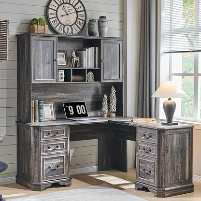 T4TREAM 59" Executive L Shaped Desk with Hutch,Victorian Wood Computer Desk, Featuring Charging Station,File Drawer, Storage Cabinet,for Home Office Work and Study (Dark Rustic Oak)