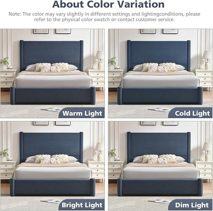 VELOCAVA Queen Size Upholstered Bed Frame with 51.77" Tall Headboard and Soft Rounded Corners, Side Storage Drawers, 12-Slat Support, No Box Spring Needed, Linen-Blend Fabric, Dusty Blue