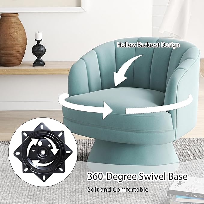 Swivel Accent Chair,Upholstered Velvet 360° Swivel Barrel Chair for Living Room Overstuffed Bouncle Reading Chair Round Armchair for Bedroom,Vanity,Office (Blue)