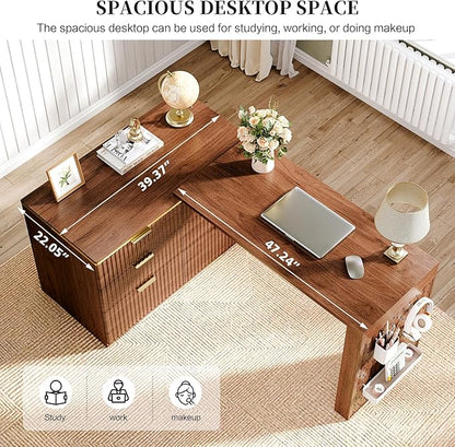 L Shaped Standing Desk,47" Home Office Desks, Executive, Farmhouse Computer Desk with 6 Drawers File Drawer, Rustic Computer Writing, Walnut