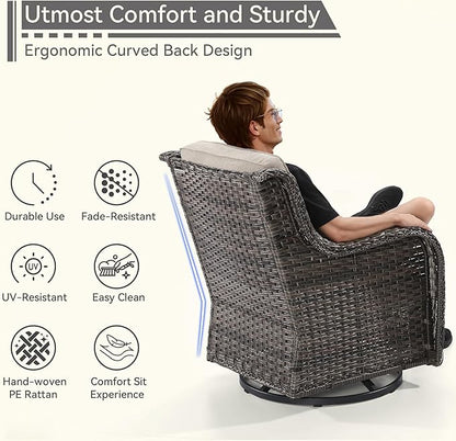 3 Pieces Outdoor Furniture Set - Patio Wicker Swivel Rocker Chair Set of 2 and 1 Side Table, Beige, Mixed Brown Rattan, Suitable for Porch, Yard