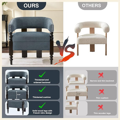 LOULENS Barrel Accent Chairs Set of 2, Vintage Linen Upholstered Lounge Chair with Solid Wood Legs, Comfy Leisure Side Armchair for Living Room, Bedroom, Reading Nook, Corner, Blue