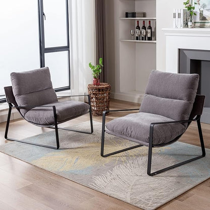 DUOMAY Modern Accent Arm Chair Set of 2, Comfy Linen Lounge Lazy Chair with Metal Leg, Mid-Century Corner Chair for Living Room Bedroom Office Apartment, Grey