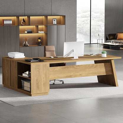 Tribesigns Modern L-Shaped Executive Desk, 78.7" L x 31.5" W x 29.5" H, Brown, 3 Drawers, 2 Shelves, Scratch Resistant, Home Office Desk