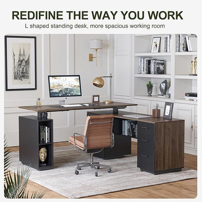 BANTI Executive L Shaped Standing Desk with 3-Drawer File Cabinet, 63" Electric Height Adjustable Stand up Desk for Home Office, Computer Desk with Storage Cabinets, Black Walnut Top