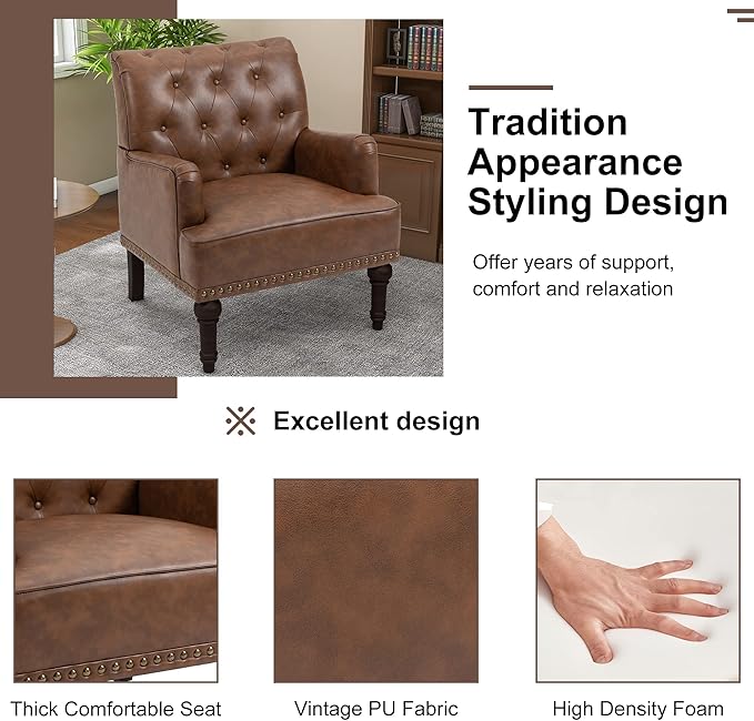 Pia Ricco PU Leather Accent Chairs 2 Pack - Modern Armchairs with Wooden Legs, Office Living Room Bedroom Seating Set-Brown