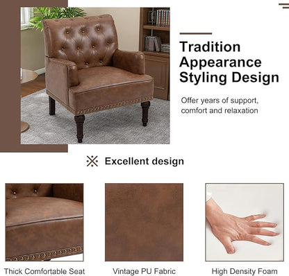 Pia Ricco PU Leather Accent Chairs 2 Pack - Modern Armchairs with Wooden Legs, Office Living Room Bedroom Seating Set-Brown