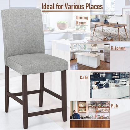 COSTWAY Counter Height Bar Stools Set of 4, 24'' Upholstered Mid Century Modern Island Chairs with Rubber Wood Legs, Wooden Barstools for Kitchen, Dining Room, Bar, Restaurant (Light Grey)