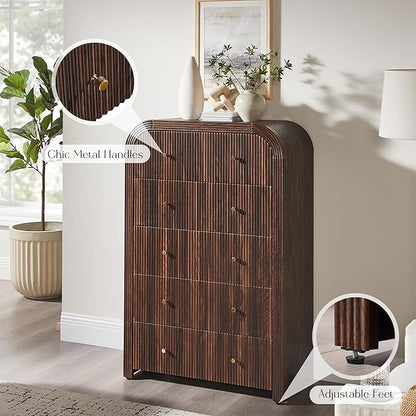 T4TREAM Fluted 5 Drawers Dresser, 48" Tall Modern Chest of Drawers with Thickened Curved Profile Design, Wood Closet Clothes Storage Organizer for Bedroom, Living Room, Hallway, Dark Walnut