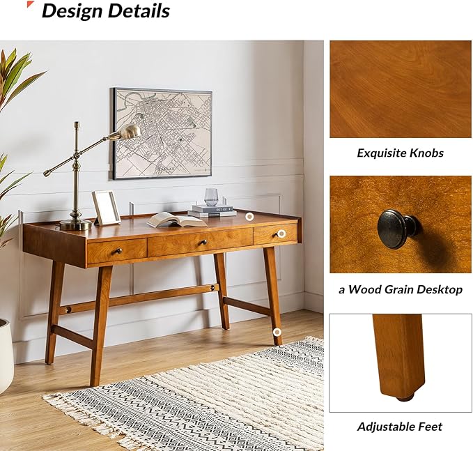 HULALA HOME Home Office Desk with 3 Drawers & Solid Wood Legs, Writing Table with Charging Station & Cable Management, Mid Century Modern Desk for Bedroom/Living Room/Study/Workstation, Acorn
