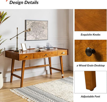 HULALA HOME Home Office Desk with 3 Drawers & Solid Wood Legs, Writing Table with Charging Station & Cable Management, Mid Century Modern Desk for Bedroom/Living Room/Study/Workstation, Acorn