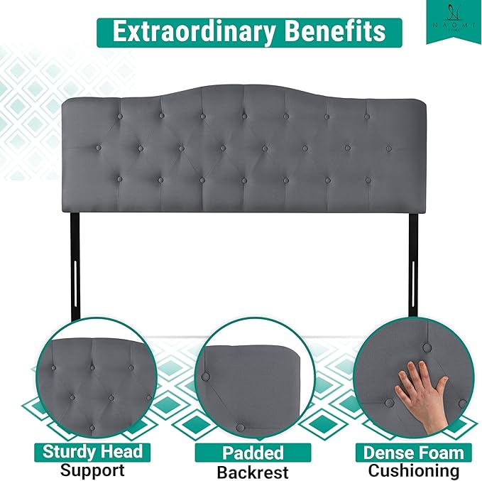 Naomi Home Cassandra Full Size Bed Headboard, Square Tufted, White Linen Fabric, Height Adjustable 42"-52", Metal Legs, Wall/Bed Mount