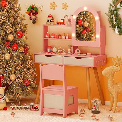 Costzon Kids Vanity with Lights, Girls Vanity Set with Mirror Cabinet, Storage Drawers, Hooks & Shelves, Toddler Makeup Vanity Desk Dressing Table, Wooden Kids Vanity Table and Chair Set (Pink)