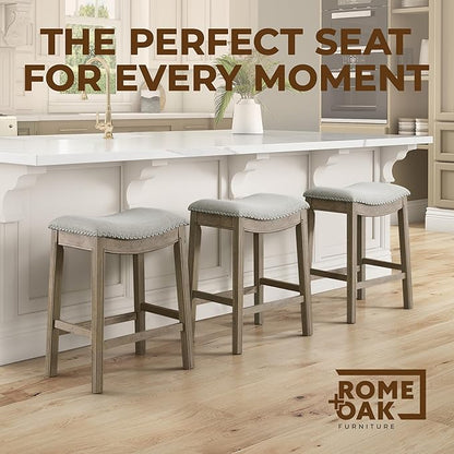 ROME + OAK Parker 26 Inch Counter Stool, Backless Saddle Kitchen Barstool in Reclaimed Oak Finish with Ash Grey Fabric Upholstery Cushion Seat