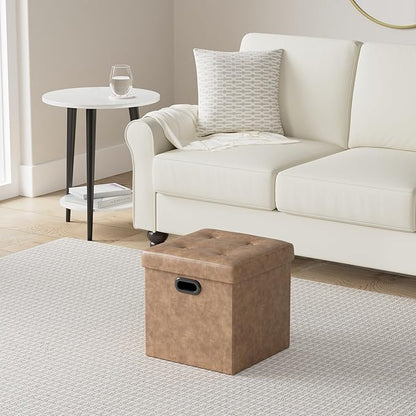 SONGMICS Mazie Collection - 15 Inches Ottoman with Storage, Footstool, Storage Ottoman with Metal Handles, Load 660 lb, for Dorm, Living Room, Bedroom, Synthetic Leather, Coffee Brown ULSF030K01
