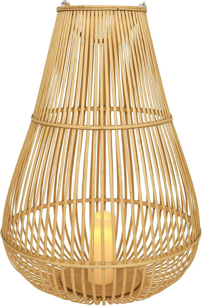 Alpine Corporation IWY108HH-L Outdoor Bamboo Lantern with LED Candle, Brown Finish for Patio and Garden Decor, 33" Tall