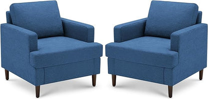 Mid-Century Accent Chair,Modern Linen Fabric Armchair for Living Room,Comfy Upholstered Reading Accent Chairs for Bedroom,Single Sofa Chair with Wood Legs (Blue, 2 Pack)