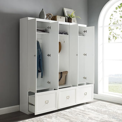Crosley Furniture Harper 3-Piece Hall Tree and Storage Cabinet Set with Entryway Bench and Hooks for Hanging, White