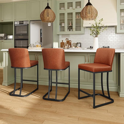 MAISON ARTS Counter Height Bar Stools with Back Set of 2 for Kitchen Counter, 24 Inch Modern Upholstered Faux Leather Barstools Farmhouse Bar Chairs Luxury Island Stools Support 330LBS, Brown