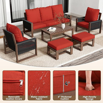 6 Piece Patio Furniture Set with 3-Seat Sofa, 2 Porch Armchairs, 2 Ottoman and 1 Coffee Table Wicker Outdoor Conversation Set for Garden, Terrace, Porch, Balconies, Lawns