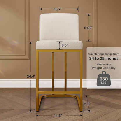 PHI VILLA White and Gold Bar Stools Set of 6, Faux Leather Counter Height Chairs, Kitchen Stools for Island, 24 Inch Barstools with Back