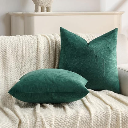 FUTEI Christmas Dark Green Velvet Throw Pillow Covers 24x24 Inch Set of 2,Soft Embossed Leaf-Relief Textured European Cushion Cases,Natural Home Decor for Couch Living Room