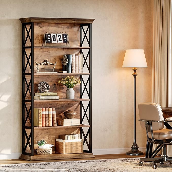 Tribesigns 71-Inch Tall Bookcase, 5-Tier Industrial Metal Bookshelf, Large Etagere Bookcases and Bookshelves, Freestanding Display Shelves for Living Room, Bedroom, Rustic Brown and Black