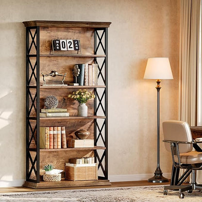 Tribesigns 71-Inch Tall Bookcase, 5-Tier Industrial Metal Bookshelf, Large Etagere Bookcases and Bookshelves, Freestanding Display Shelves for Living Room, Bedroom, Rustic Brown and Black