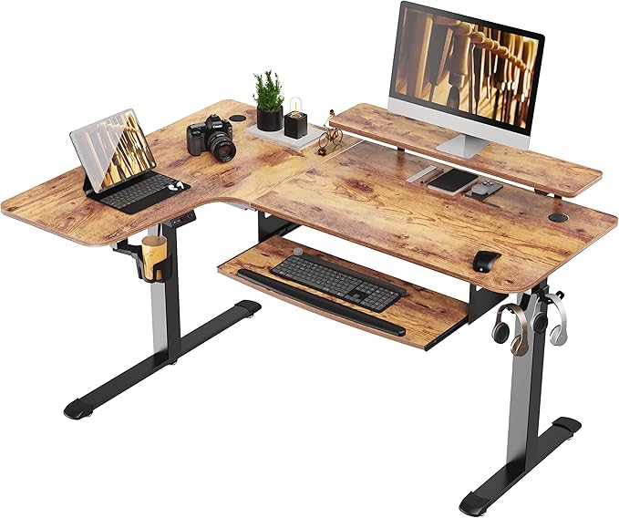 EUREKA ERGONOMIC Standing Desk with Keyboard Tray, Computer Desk, 61" L Shaped Electric Adjustable Height Desk w Monitor Stand LED, Corner Sit Stand Desk Gaming Desk, Dual Motor,Left/Rustic Brown
