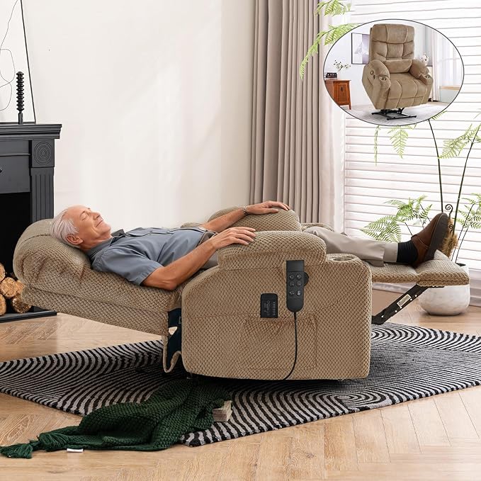 ABCASA Oversized Dual Motor Lay Flat Power Lift Recliner Chair with Massage, Heating, Lumbar Pillow, USB & Type-C Ports, Textile Lift Chairs Recliners, Large Recliner for Big & Elderly People - Beige