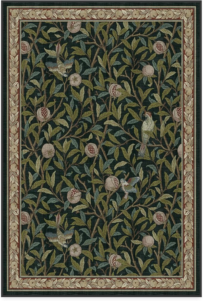 RUGGABLE x Morris & Co Washable Area Rug – Pomegranate Blue Green 4x6, Stain-Resistant, Non-Slip – Medium Machine Washable Rugs for Living Room, Bedroom, Hallway, Entryway & Office–with Cushioned Pad
