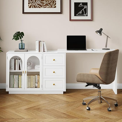RoyalCraft L Shaped Home Office Desk, Large Extendable and Rotatable Desk with 3 Drawers and 2 Doors, Corner Computer Desk, Modern Study Writing Table for Bedroom, Home Office, White