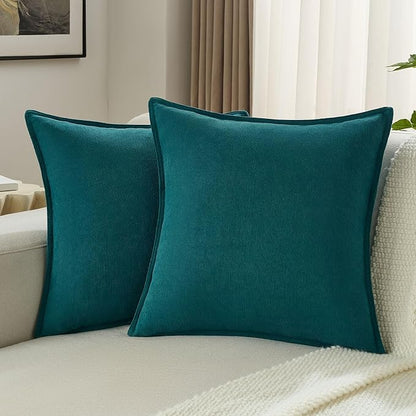 FUTEI Teal Chenille Throw Pillow Covers 26x26 Inch Set of 2,Edges Double-Stitched Euro Pillow Shams,Modern Home Decor for Couch Living Room