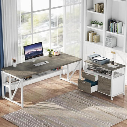 Tribesigns L Shaped Desk with Drawer Cabinet, 63" Executive Computer Desk and lateral File Cabinet, 2 Piece Home Office Furniture with Drawers for Hanging File, Doors with Locks (Dark Oak, 63-inches)