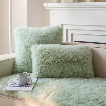 Neelvin Green Faux Fur Cozy Fluffy Double-Sided Decorative Throw Pillow Covers 18x18 inch Set of 2,Velvet Pillowcase Cushion Case for Sofa Couch