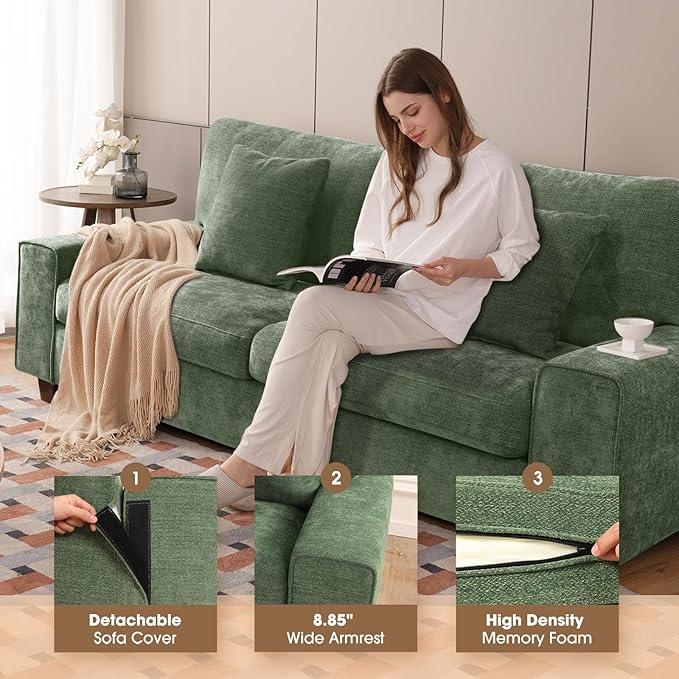 DOPEDIO Modern Loveseat Sofa for Living Room,Chenille Recliner, Removable Cover, Spring Cushions, Solid Wood Frame, Easy Assembly for Small Spaces (88.58inch，Green)