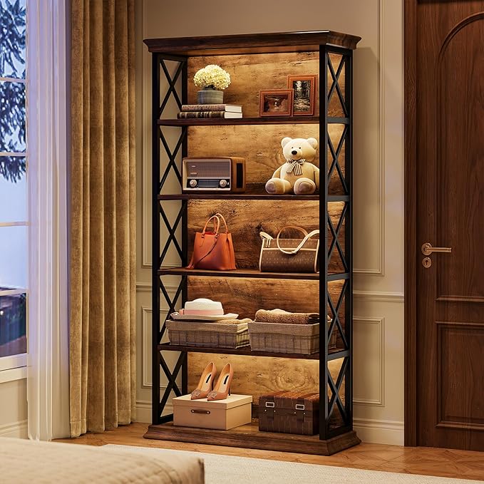 Tribesigns 71-Inch Tall Bookcase, 5-Tier Industrial Metal Bookshelf, Large Etagere Bookcases and Bookshelves, Freestanding Display Shelves for Living Room, Bedroom, Rustic Brown and Black