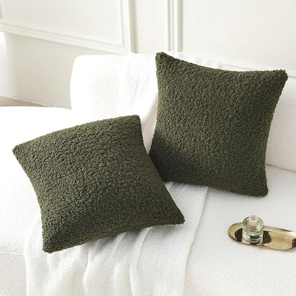 FUTEI Olive Green Throw Pillow Covers 26x26 Inch Set of 2,Furry Faux Fur Teddy Boucle Textured Cushion Covers,Soft Fluffy Decorative Euro Pillow Shams,Home Decor for Couch Bed Living Room Office Car