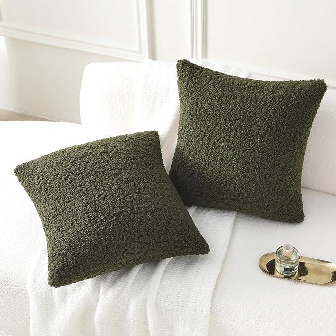 FUTEI Olive Green Throw Pillow Covers 16x16 Inch Set of 2,Furry Faux Fur Teddy Boucle Textured Cushion Covers,Soft Fluffy Decorative Pillow Case,Home Decor for Couch Bed Living Room Office Car