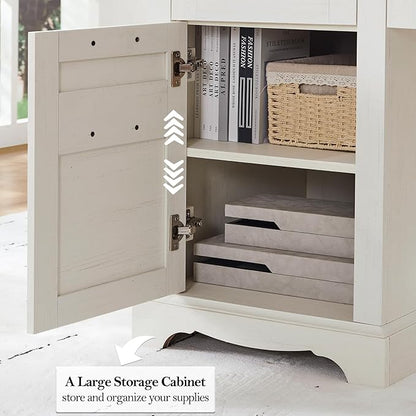 RedLemon 60" Farmhouse Executive Desk, Home Office Desk with Drawers, Charging Station, Keyboard Tray, File Drawer, Storage Cabinet, Wood Rustic Computer Writing Desk (Antique White)