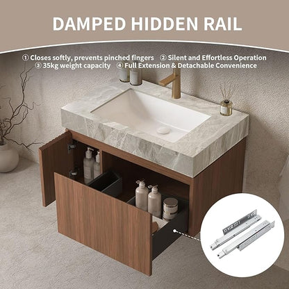 Bathroom Vanity with Sink 30 Inch, Floating Bathroom Vanity Sink Cabinet with Drawer and Door, Undermount Sink & Light Gray Sintered Stone Top, Pre-Assembled, Espresso