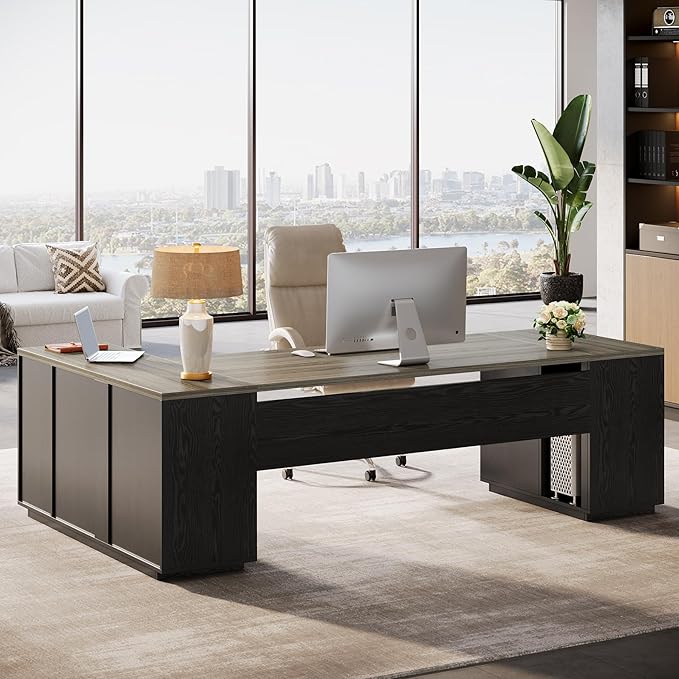 Tribesigns 85.8-Inch L-Shaped Executive Desk with File Drawers, Door Cabinet & Shelves, Extra Large Commercial Office Desk, Modern Professional Office Table Business Furniture, Grey & Black