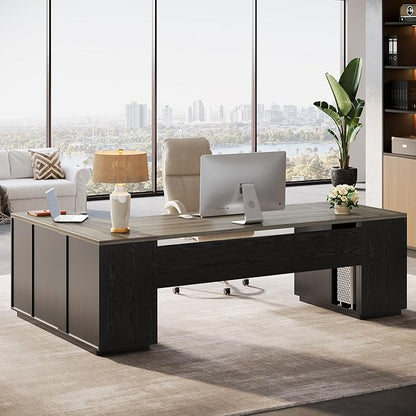 Tribesigns 85.8-Inch L-Shaped Executive Desk with File Drawers, Door Cabinet & Shelves, Extra Large Commercial Office Desk, Modern Professional Office Table Business Furniture, Grey & Black