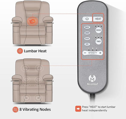 MCombo Oversized Power Lift Recliner Chair with Massage and Heat for Big and Tall Elderly People, Cup Holders, USB Ports, Side Pockets, Faux Leather R7541 (Dark Grey, Large-Oversize)