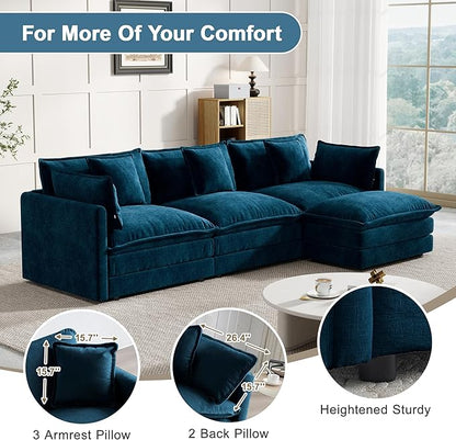 Modular Sectional Sofa, 111.5 Inch L-Shaped Cloud Sofa with Deep Seat Chenille Sofa with Cushions, Three-Self Sectional Sofa for Living Room Apartment,Blue