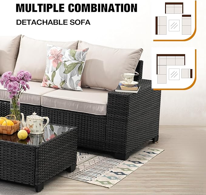7 Pieces Patio Furniture Set All-Weather Outdoor Wicker Sectional Conversation Sofa Rattan Patio Seating Sofa with Cushion and Glass Table and Ottoman for Porch Poolside,Beige