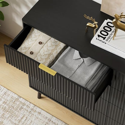 LYNSOM Fluted 8 Drawer Dresser for Bedroom, 55" Wide Modern Chest of Drawers with Curved Profile Design and Metal Handles, Wood Dresser TV Stand & Storage Organizer for Bedroom, Hallway, Black
