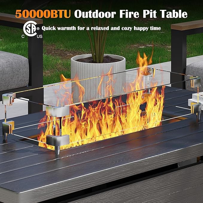Sundale Outdoor 5 Pieces Patio Furniture Set with Fire Pit Table, Metal Outdoor Sectional Sofa with 6" Olefin Cushion, Modern Outdoor Conversation Sets (4 Seats, Grey Frame)