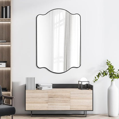 JONATHAN Y MIR205A Louisa 24 in. W x 36 in. H Medium Scalloped Rectangular Metal Framed Wall Mirror, for Bathroom, Living Room, Bedroom, Black